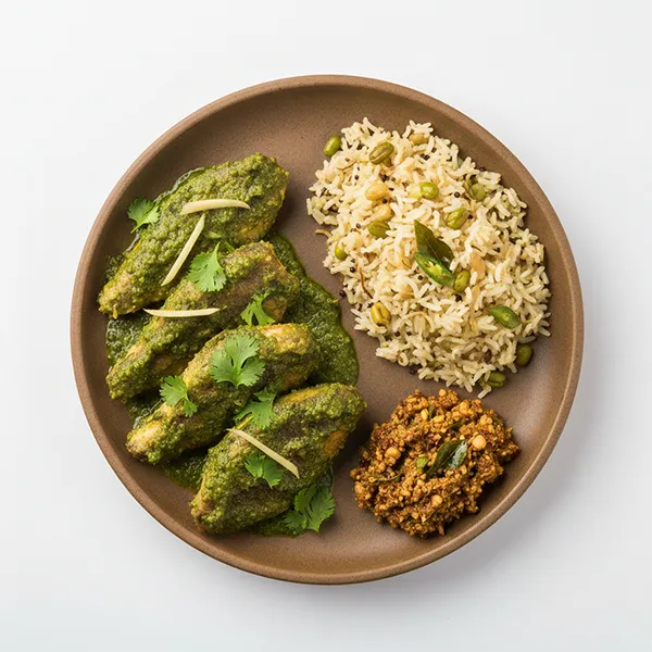 Green Masala Fish With Matki Bhat & Peanut Thecha